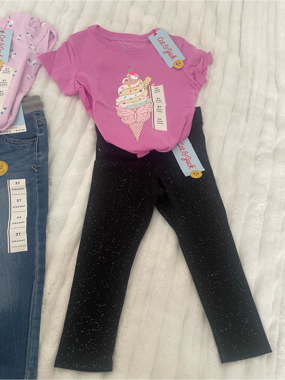 Cat & Jack Girls' Mixed Outfit - Pink Tops, Denim Jeans, Black Sparkle Leggings - Picture 5 of 6